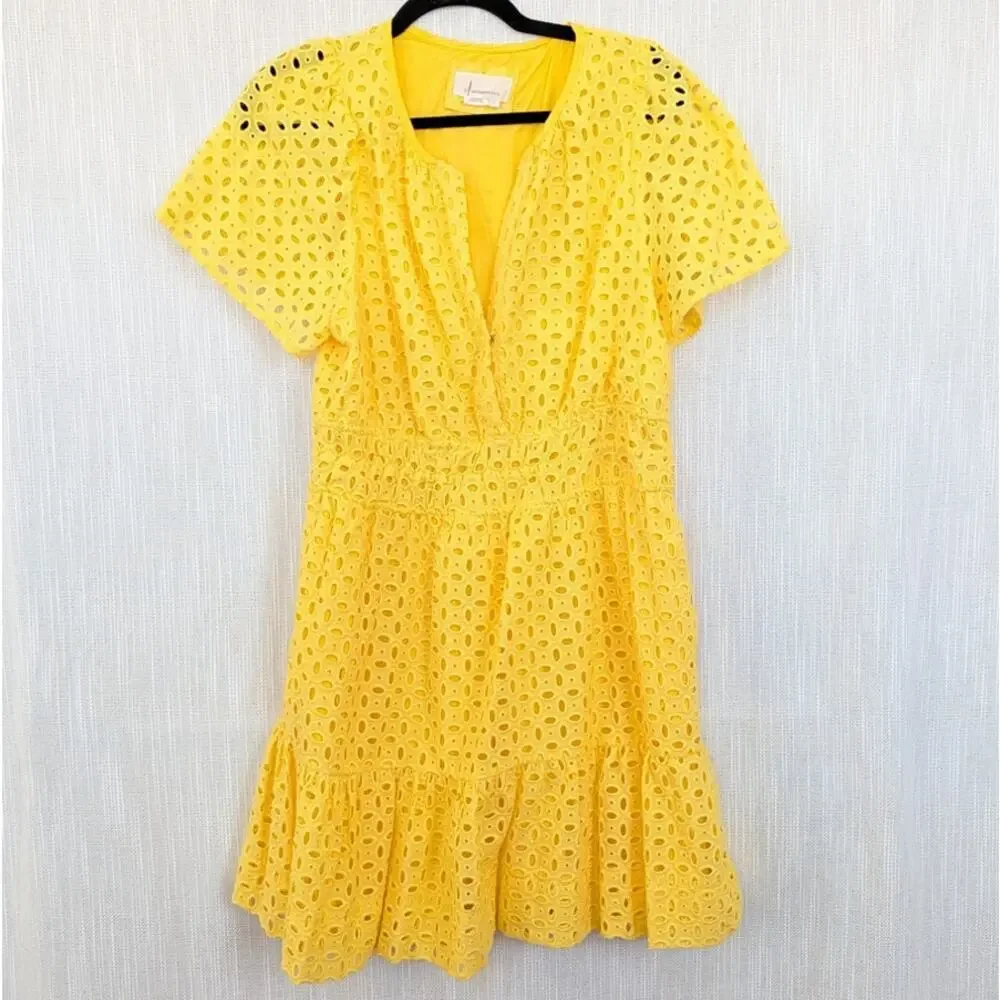 Anthropologie The Somerset Eyelet Mini Dress Womens L Yellow V-neck Short Sleeve